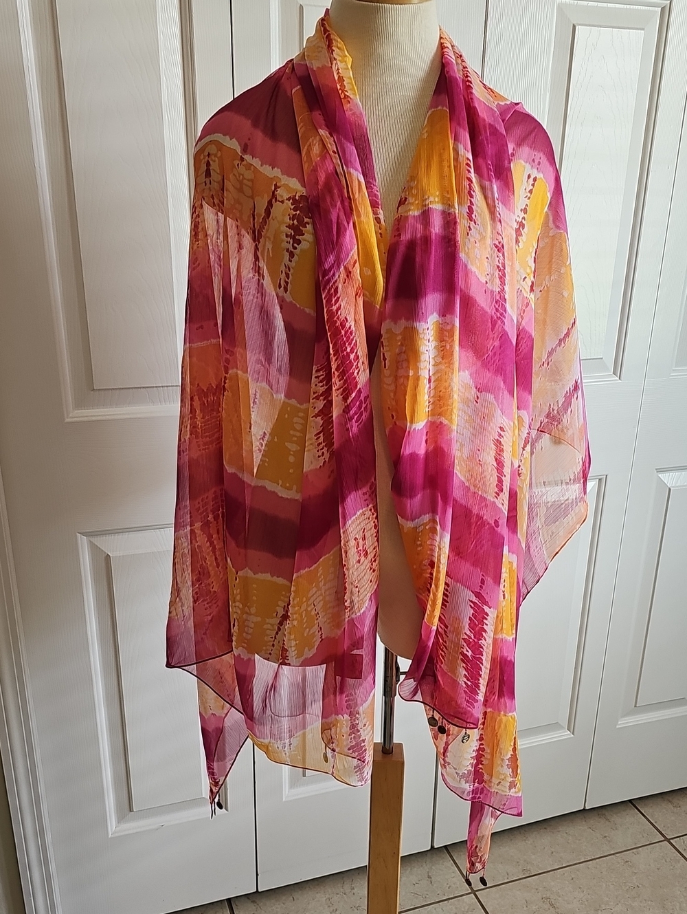 Theodora & Callum Tie Dye Coin Scarf Wrap  OS Pink Orange Boho Gauze [Size] OS